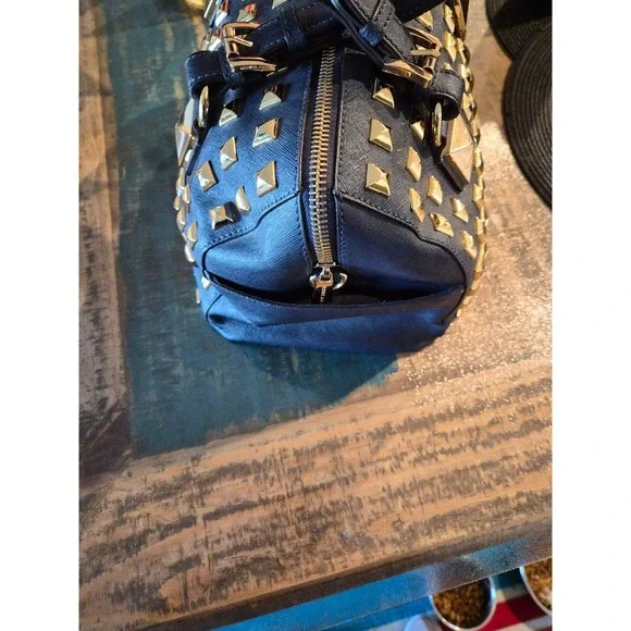 Michael Kors Grayson Navy Saffiano Leather Studded Satchel Bag and Wallet Set - Picture 7 of 10